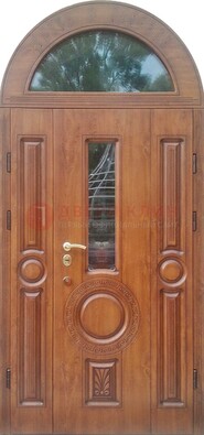 Двустворчатая железная дверь МДФ со стеклом в форме арки ДА-52 в Красногорске