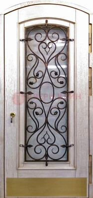Железная дверь Винорит в форме арки со стеклом и ковкой ДА-53 в Красногорске