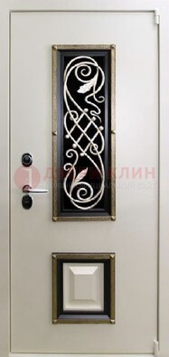 Белая стальная дверь с ковкой со стеклопакетом и МДФ ДК-30 в Красногорске