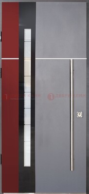Серая входная дверь с порошковым окрасом и красной вставкой ДП-175 в Красногорске