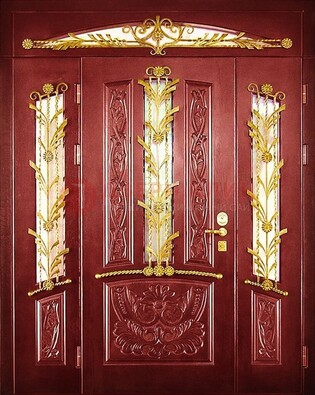 Бордовая железная парадная дверь со стеклом и ковкой ДПР-75 в Красногорске