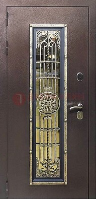 Железная дверь цвета медный антик со стеклом и ковкой ДСК-105 в Красногорске