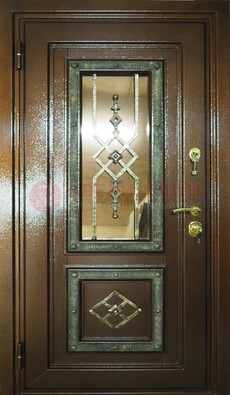 Теплая входная дверь со стеклом и ковкой разноцветной ДСК-13 в Красногорске