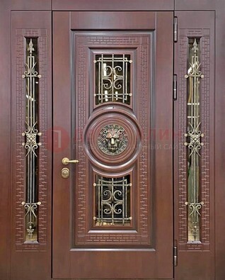 Коричневая стальная дверь со стеклом и ковкой ДСК-147 с фрамугами в Красногорске