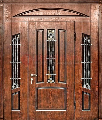 Стальная дверь со стеклом и ковкой с фрамугами ДСК-149 коричневая в Красногорске
