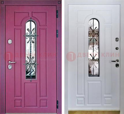Розовая металлическая дверь со стеклом и ковкой ДСК-151 в Красногорске