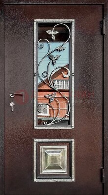 Коричневая стальная дверь порошок со стеклом и ковкой ДСК-163 в Красногорске
