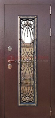 Коричневая стальная дверь порошок со стеклом и ковкой для дома ДСК-169 в Красногорске