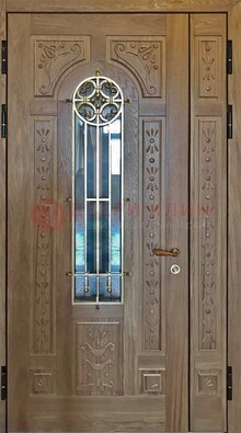 Полуторная стальная дверь стекло с ковкой и узором ДСК-200 в Красногорске