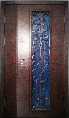 Двойная металлическая дверь со стеклом и ковкой ДСК-4 в Красногорске