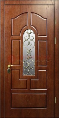 Коричневая входная дверь со стеклом и золотистой ковкой ДСК-83 в Красногорске