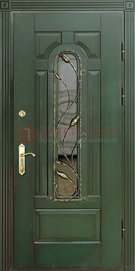 Железная дверь со стеклом и ковкой ДСК-9 для офиса в Красногорске