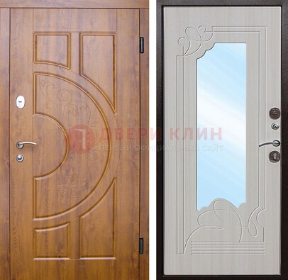 Коричневая металлическая дверь c МДФ с узором и зеркалом ДЗ-105 в Красногорске