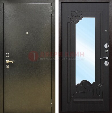 Железная темная дверь c порошковым напылением и МДФ с узором и зеркалом ДЗ-111 в Красногорске