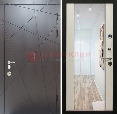 Железная коричневая дверь со светлой МДФ внутри и зеркалом ДЗ-125 в Красногорске