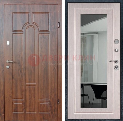 Входная коричневая дверь с МДФ Белый дуб и зеркалом ДЗ-126 в Щербинке