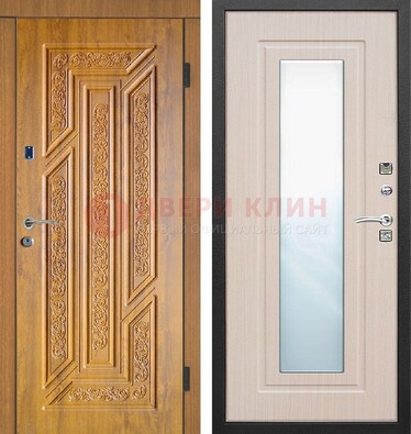 Коричневая железная дверь с зеркалом МДФ Белый дуб ДЗ-128 в Красногорске