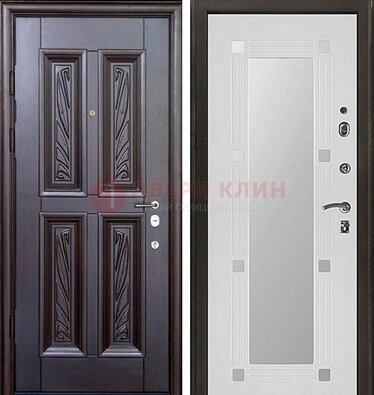 Коричневая стальная дверь с зеркалом МДФ внутри ДЗ-44 в Дмитрове