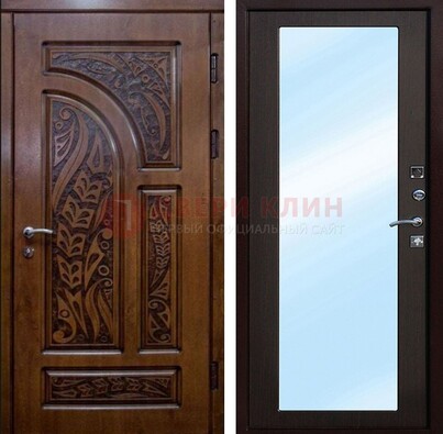 Коричневая входная дверь c узором и виноритом МДФ с зеркалом ДЗ-98 в Красногорске