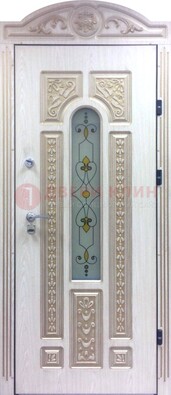 Белая железная дверь с МДФ и витражом ВЖ-26 в Красногорске