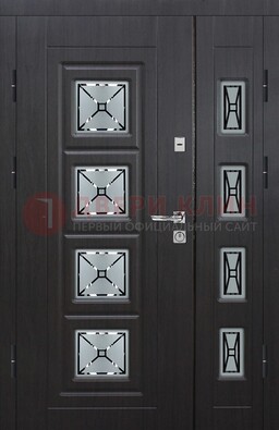Чёрная двухстворчатая железная дверь с МДФ и витражом ВЖ-35 в Красногорске