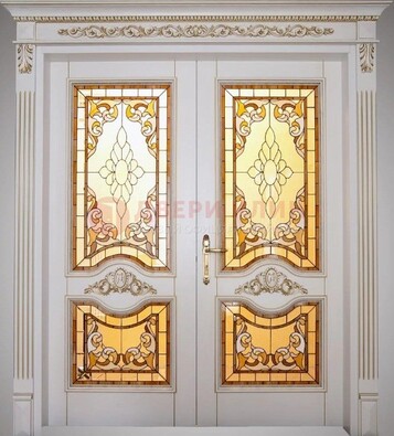 Элитная металлическая дверь с витражом и отделкой массив ВЖ-4 в Красногорске